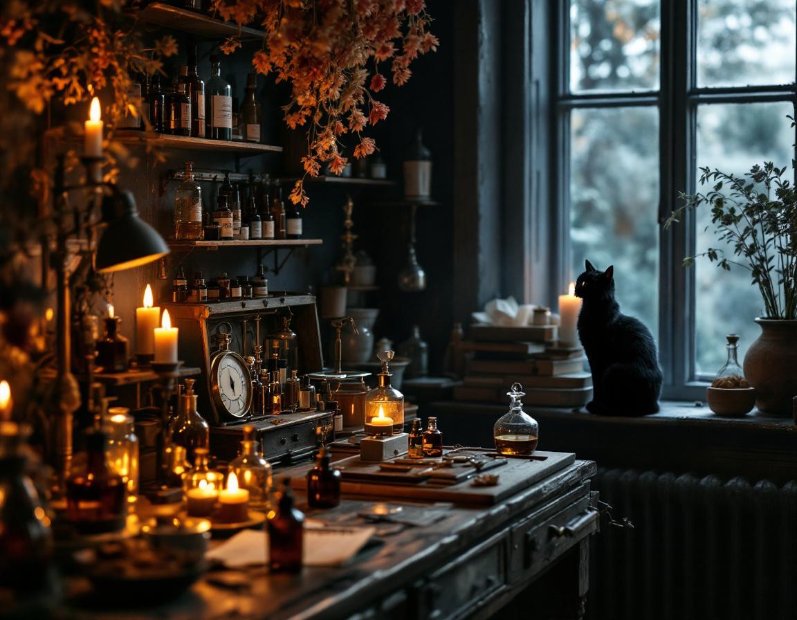 The Jam & Bottle studio â candlelit apothecary desk with Moo the cat